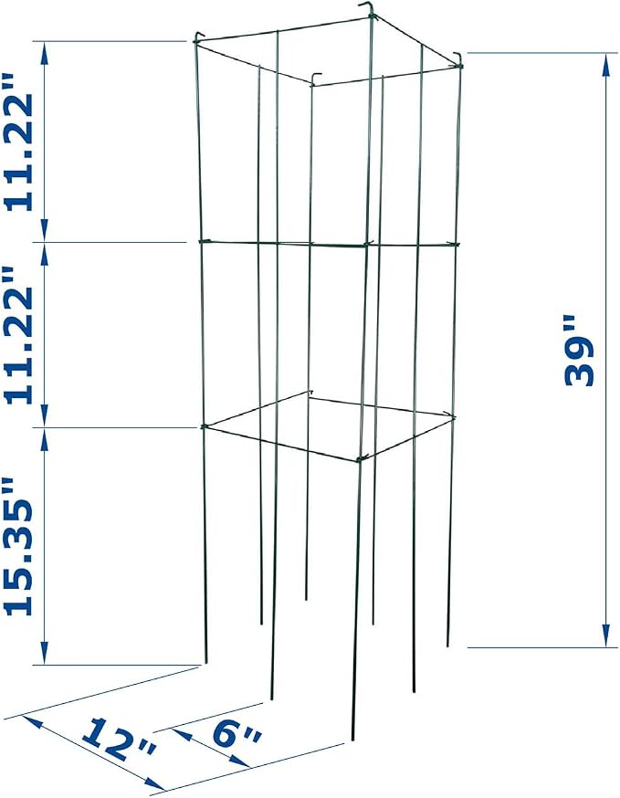 4 Pack 12x39 Inch High Green Folding Square Tomato Cages, Tall Plant Support Tomato Trellis Metal Plant Peony Cage