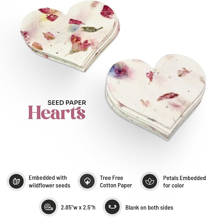 50pcs Large (2.5" h x 2.85" w) Pink Heart Seed Paper – Writable & Plantable Wildflower, Mom's Gift for Birthday, Use for Wedding, Baby Shower, & Heart Party Favors