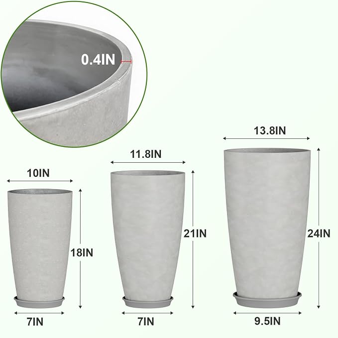 QCQHDU 24, 21, 18 inch Tall Planters for Outdoor Plants, with Drainage Hole & Saucer, Set of 3 Tall Outdoor Planter for Indoor & Outdoor Plants, Modern Home Decor