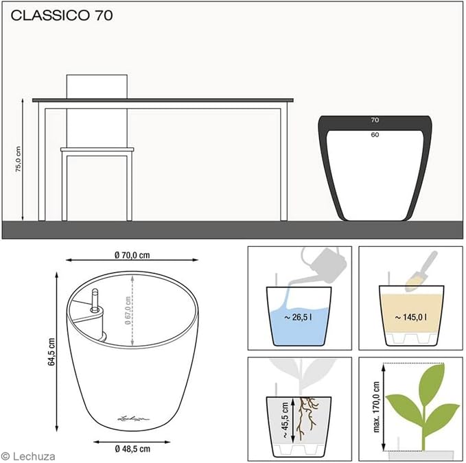 Lechuza Classico LS 70 White High Gloss, Self-Watering Large Round Planter, D27.6 H25.4 in
