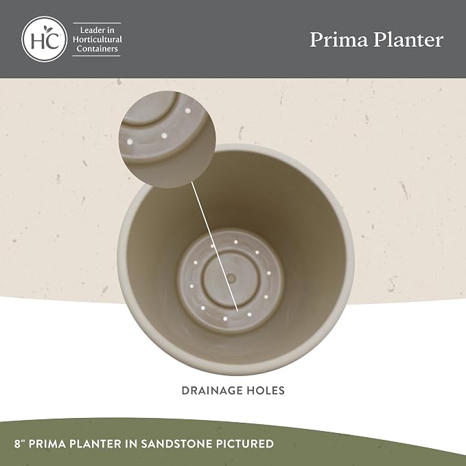 The HC Companies 8 Inch Prima Round Planter Pots with Drainage Holes and Rolled Rim, Lightweight UV-Resistant Plastic Indoor & Outdoor Planters, 4-Pack Flower Pots for Garden & Home Decor, Cappuccino