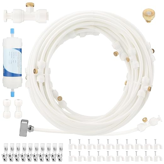 Glooglitter 59 ft Misters for Outside Patio Misting Cooling System 16 Brass Mist Nozzles 16 Brass Adapter(3/4") 20 Badge Clips 20 Cable Clips for Garden Greenhouse Fan Deck Pasture Pool BBQ Party