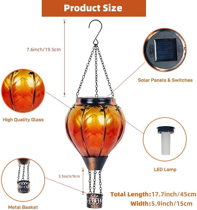 Starsoul 2 Pack Orange Solar Hot Air Balloon Lantern, Glass Hot Air Balloon Solar Lantern Outdoor Waterproof, Solar Hanging Lights with Flickering Flame Decor for Garden Yard Patio