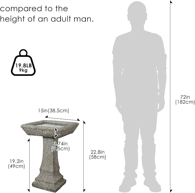 SKYFIRE 22.8" Tall Square Bird Bath, Concrete Freestanding Pedestal Birdbath, Modern Granite-Look Outdoor Bird Bath Bowl for Garden, Patio, Yard & Lawn Decor - 15" Dia. x 22.8" H
