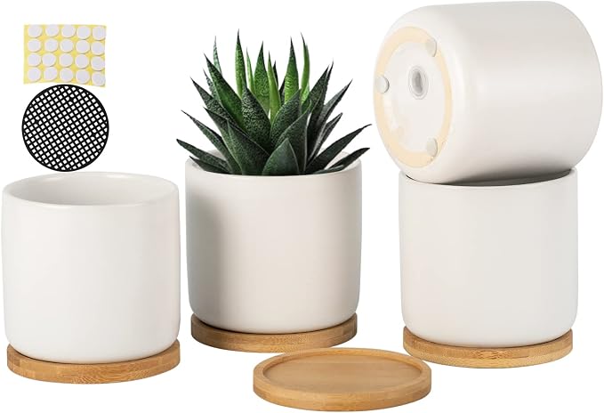 4 Inch Ceramic Plant Pot with Saucer, White Planters Pots with Drainage Hole and Mesh Pads for Succulent, Snake, Cactus, Herbs - 4 Packs(Plant Not Included) | White Planters Pot, for Succulent Snake Cactus Herbs, 4 Packs, Plant Not Included