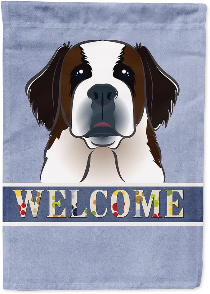 Caroline's Treasures BB1432CHF Saint Bernard Welcome House Flag, Blue Large Porch Sleeve Pole Decorative Outside Yard Banner Artwork Wall Hanging, Polyester, House Size, Multicolor