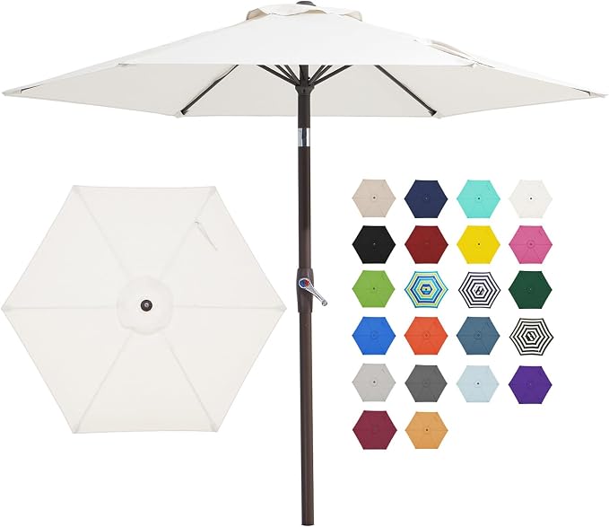 JEAREY 7.5FT Patio Umbrella Outdoor Market Umbrella with 6 Sturdy Ribs, Push Button Tilt/Crank Table Umbrella for Garden, Deck, Backyard and Pool, Cream White