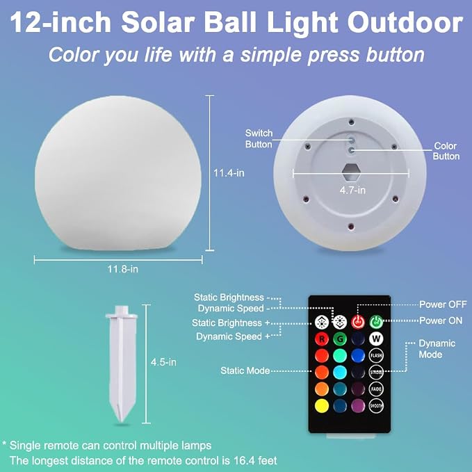 12-in Solar Garden Globe Light Outdoor, Solar Glowing Ball Light w/Remote, 16 RGB Color Changing Waterproof Large Outdoor Orb Lamp, Landscape Lighting Mood Lamp w/Ground Stake for Patio Yard Lawn Path