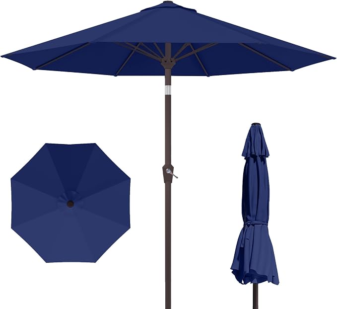 Kingdura 9FT Outdoor Patio Umbrella, Round Market Table Umbrella with Push‑Button Tilt and Crank Lift, 8 Sturdy Metal Ribs, UV50+ Protection Canopy for Backyard, Lawn, Deck, Poolside, Garden (Navy blue)