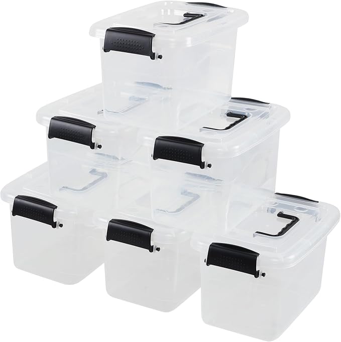 6-Pack Home Storage Bins, Plastic Container, Latching Box with Handle (Black handle)