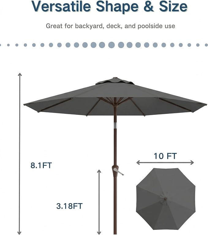 PatioKingdom 10FT Patio Umbrella with Push Button Tilt and Crank, Outdoor Market Umbrella with 8 Fiberglass Ribs, UV Protection Table Umbrella for Pool,Backyard,Garden,Deck