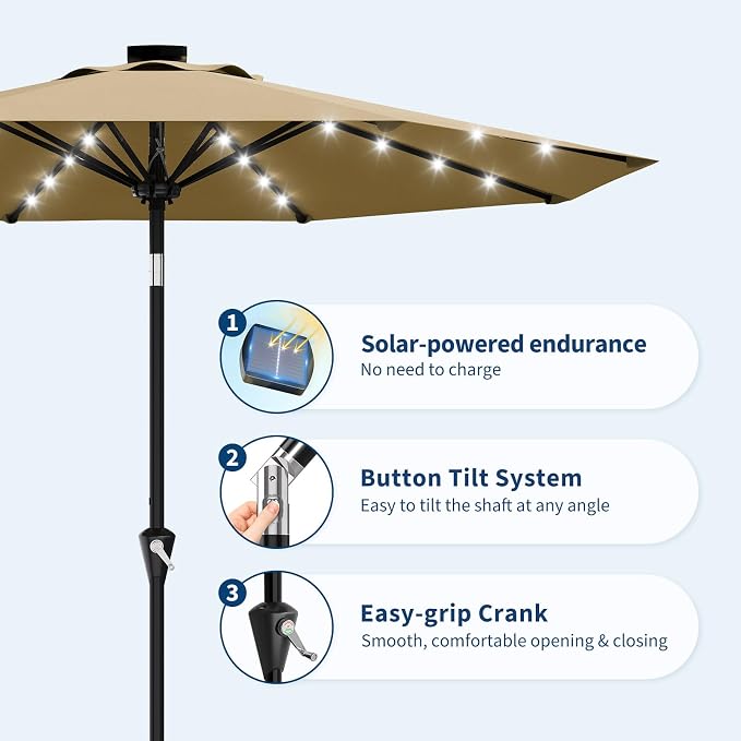 Garvee 10FT Solar Patio Umbrella with 32 LED Lights - Outdoor Table Umbrella with Crank Lift, Push Button Tilt and 8 Sturdy Ribs - Market Umbrella UV Protection for Pool, Deck, Yard, Garden -Tan
