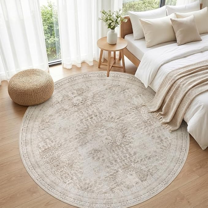 Round Area Rug Living Room: 6ft Neutral Washable Carpet Rug Brown | Vintage Boho Circle Soft Large Circular Carpet Bedroom Nursery Farmhouse Dining Room Indoor Decor Floor Non-Slip Under Table