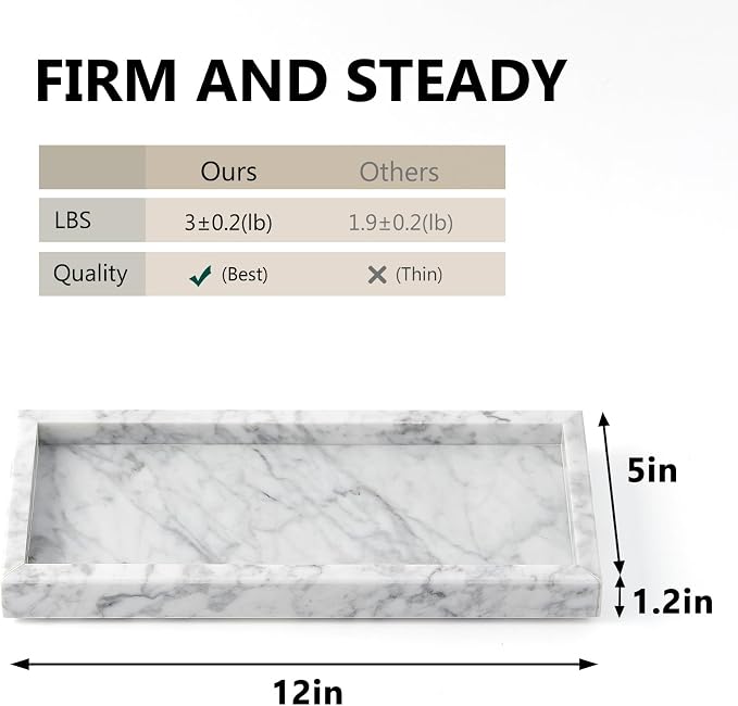 Real Natural Marble Tray for Bathroom, Vanity, Kitchen and Desktop, Rectangle Genuine Marble Stone Tray for Jewelry, Cosmetics, Candles, Lotion, Perfume and Home Decor, 12"x5" Size