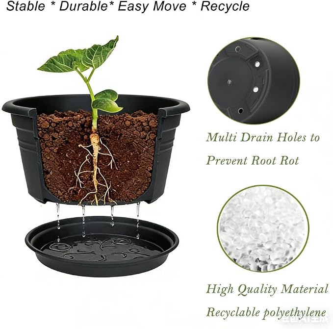 MRPAPA 4Pack Round Plastic Pots for Plants, Outdoor Planters with Drainage Hole & Tray Saucer, Decoration Large Flower Pots for Indoor Outdoor Garden Home Plants (4, Dark Gray, 13 Inch)