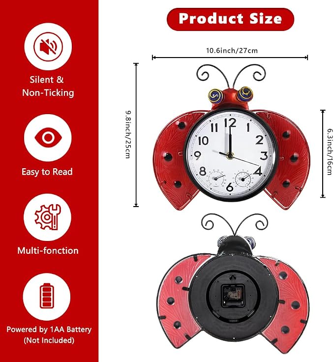 Outdoor Clock with Thermometer and Hygrometer Combo, 13 Inch | Silent No-Ticking, Wall-Mounted Clock Waterproof for Patio, Living Room, Kitchen, Red