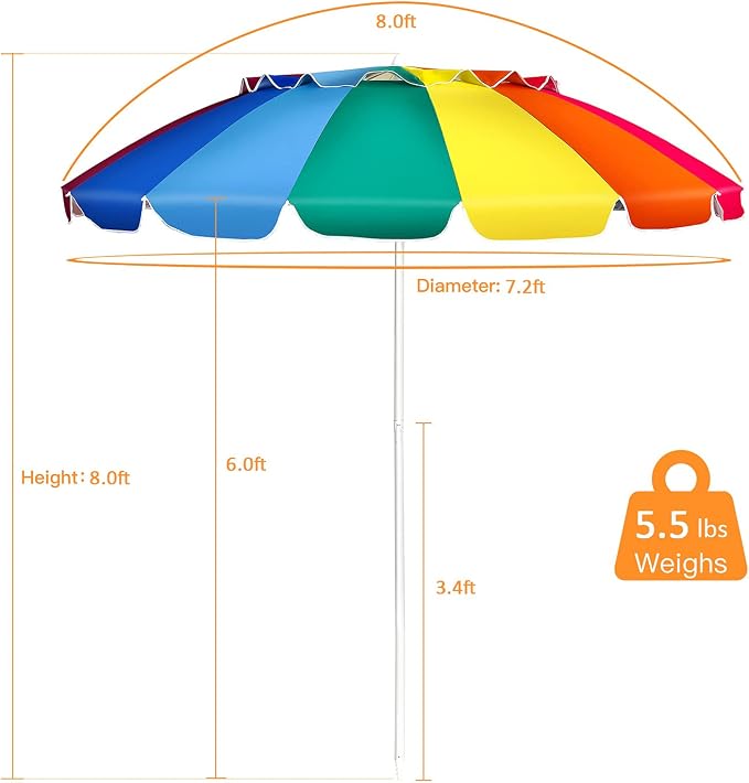 Tangkula 8FT Beach Umbrella, Portable Outdoor Sunshade Beach Umbrella with Sand Anchor & Tilt Mechanism, 16 Sturdy Fiberglass Ribs, Carrying Bag for Garden, Patio (Rainbow)