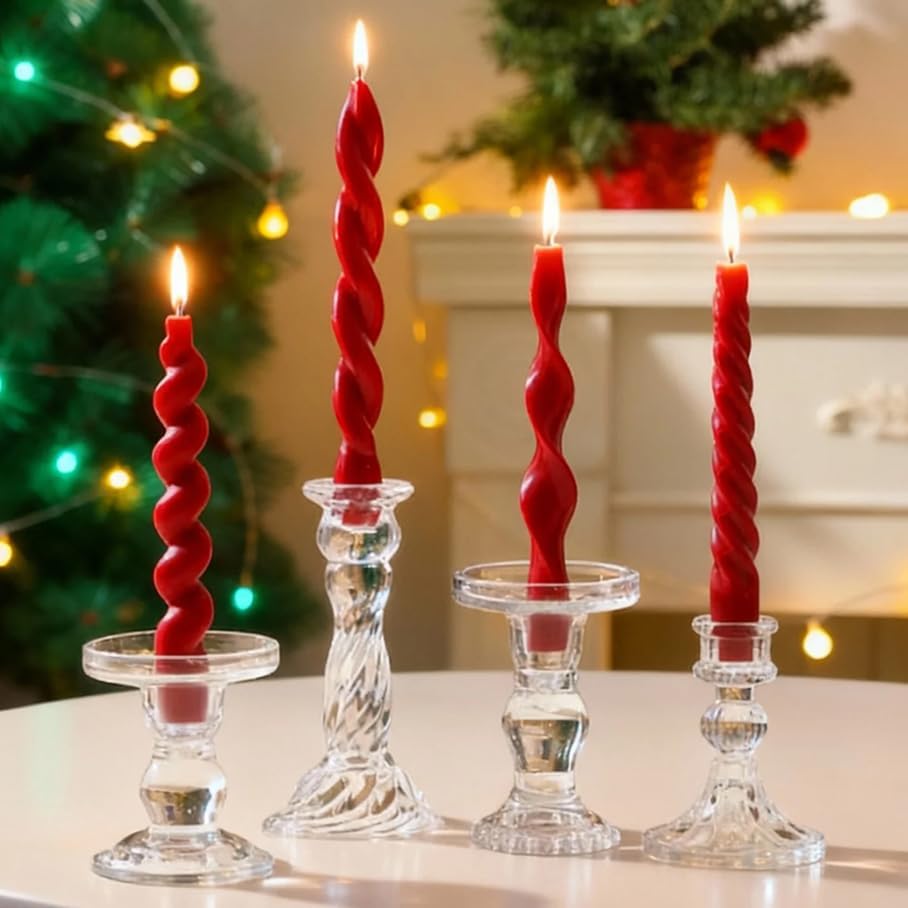 4 Pcs Red Taper Candles 7.87 Inch - Christmas Candlesticks Spiral Wave Twisted Ribbed, Unscented Smokeless Red Candle Sticks for Christmas Valentine's Wedding Dinner Party Home Decor - Image 6