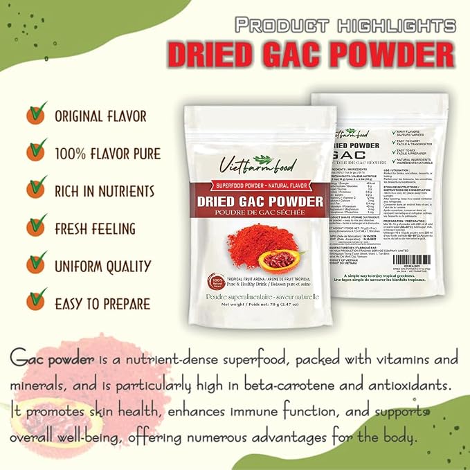 GAC POWDER 2.47 oz (70g) VIETFARMFOOD: Pure freeze-dried vegetable powder, made from real vegetables with no added sugar - Perfect for daily nutrition to keep your body full of vitality
