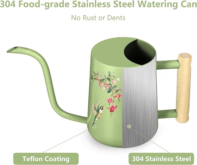 Watering Can Indoor Plants, 35oz Small Stainless Steel Metal Watering Can Modern Decorative Watering Pot with Long Spout for Indoor House Plant Bonsai Garden Flowers (Saga Green 2)