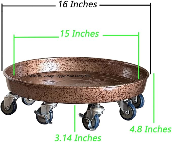 Rolling Planter Caddy(430lbs Capacity), Heavy Duty Metal Plant Stand with Brake Wheels Plant Dolly Mover Plant Pot Tray Saucer for Indoor Outdoor 16inches Copper,2Pack