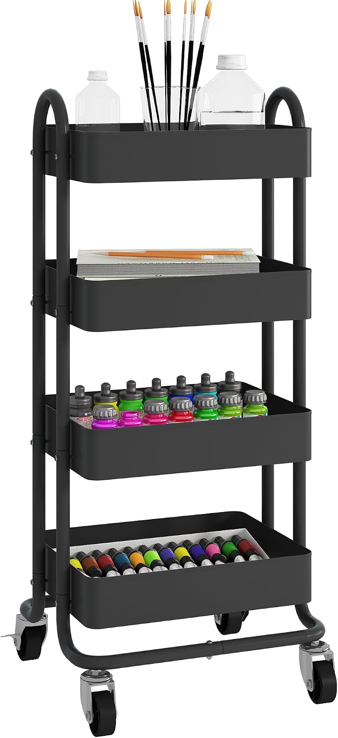 4-Tier Metal Rolling Cart with Wheels,4 Tier Utility Cart with Wheels for Office,Home,Kitchen,Garden（13.4"x18.1"x40"） Black