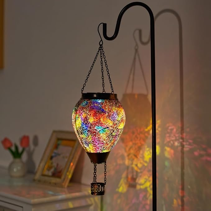 Hot Air Balloon Solar Lantern with Flame | Handmade Glass, Flickering Flame, Waterproof Outdoor Lantern, for Patio, Garden, Porch, Red & Brown
