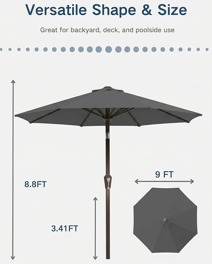PatioKingdom Auto-Tilt 9FT Patio Umbrella Outdoor with 8 Sturdy Fiberglass Ribs,Market Table Umbrella for Pool,Backyard,Deck and Garden