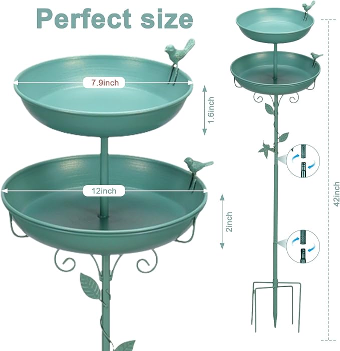 Bird Bath for Outside Green 2-in-1 Freestanding Garden Birdbath | Metal bird bath with floral scroll 5-Pronged Base Deep large bowl for birds drinking & bathing Yard patio landscape decor
