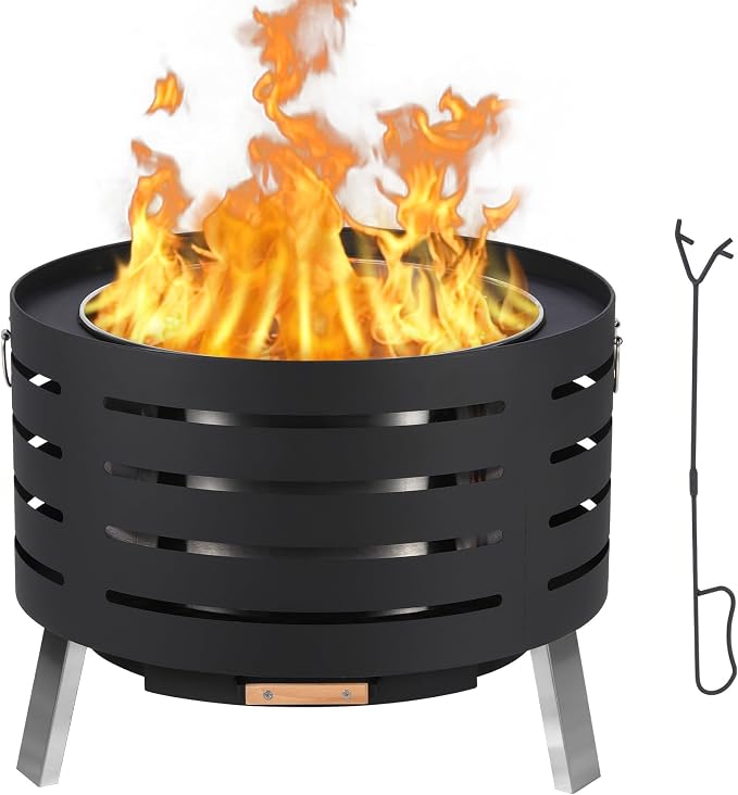 30 Inch Smokeless Outdoor Fire Pit, Outdoor Firepit Table with Removable Ash Pan,Bamboo Lid, Rainproof Cover,Portable Metal Firepit for Patio, Backyard, Camping