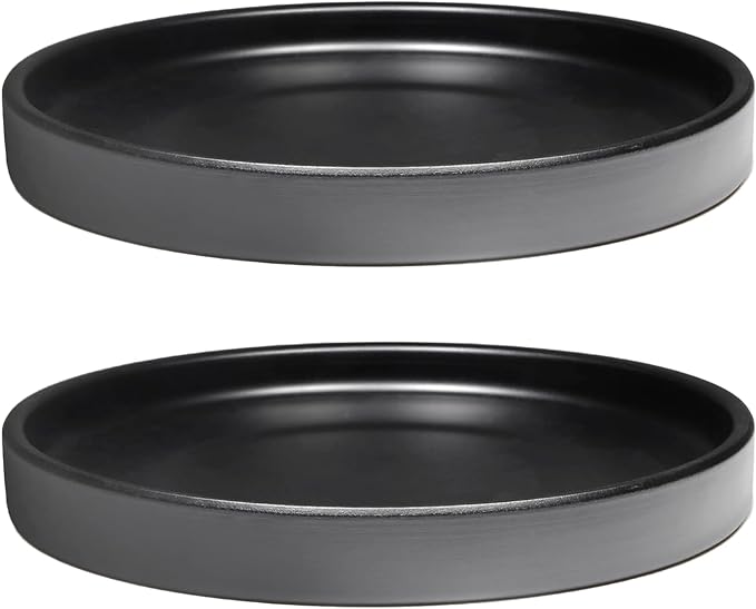 Yukfona Ceramic Plant Saucer Tray 2 Pcs 8 Inch Black, 8.5" OD x8.15 ID x1 Deep| Fits Flower pots Bottom≤ 8.15", Heavy Duty Glazed Round Planter Drip with Catch Basin for Indoor Outdoor Plants