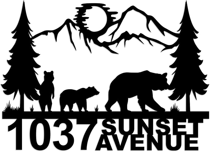 Metal Address Plaque,House Street Name and Numbers, Driveway Address Plaque with 3 Forest-Exploring Bears,Metal Address Sign for Front Door Porch Garden Patio Farm Gate