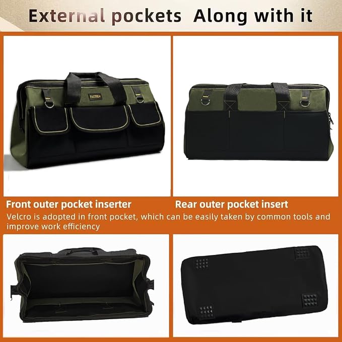 FASTECH 22-inch Wide Mouth Tool Bag with Water Proof Molded Base, Wide Mouth Tool Tote Bag, Waterproof Tool Organizer Bag for Men with Adjustable Shoulder Strap(No Bottom Shell)