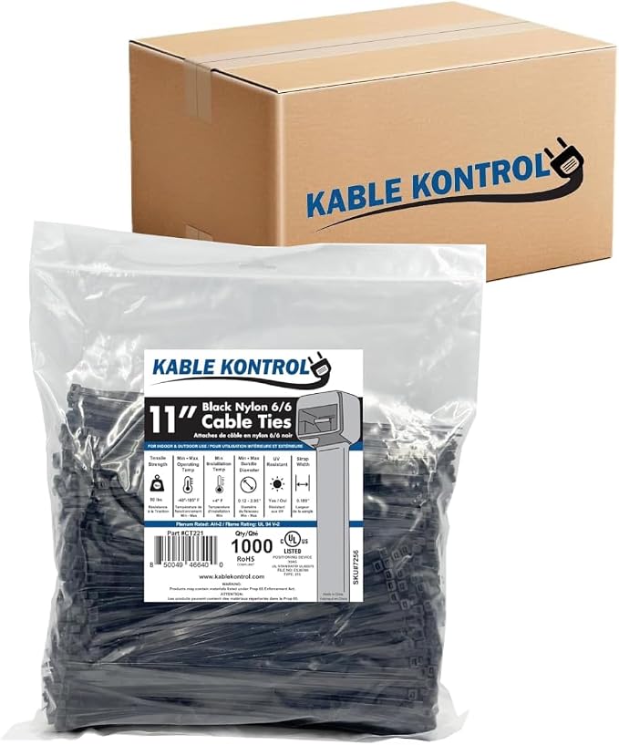 Kable Kontrol Cable Zip Ties Black 8,000 Pcs 11 Inch, 50 Lbs Tensile Strength, Bulk Pack, Self-locking UV Resistant Plastic Nylon Wire Ties, for Indoor or Outdoor Use