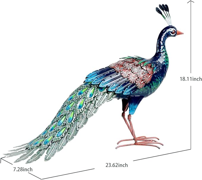 Kircust Outdoor Metal Peacock Statue, 24" L | Decor Art, Garden Sculpture, Weatherproof, Handcrafted For Patio, Yard, Home
