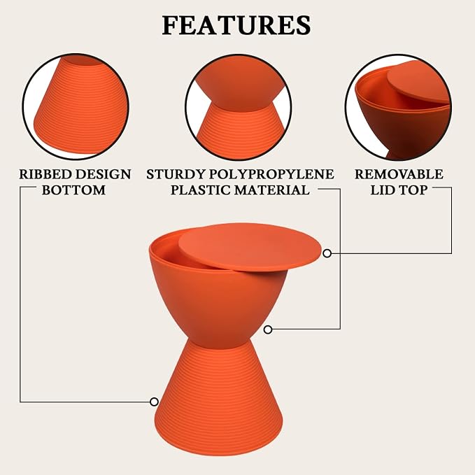 LeisureMod Modern Orange Hourglass Drum Side Table with Storage – Indoor/Outdoor End Table