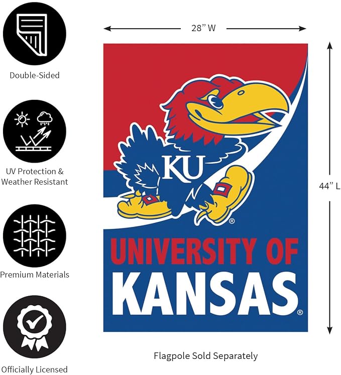 NCAA University of Kansas House Flag, 28 x 44, Double Sided Garden Flags for Outside, Outdoor College Flags & Banners for Gardens Patio, Indoor Wall Decor Flag for Room