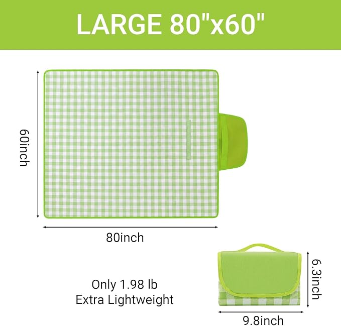 Waterproof Foldable Picnic Blanket Outdoor with Carry Strap,80"X60" Extra Large Beach Blanket Sandproof,Portable Soft Gingham Picnic Mat for Camping Travel Hiking Family Concerts Park(Green)