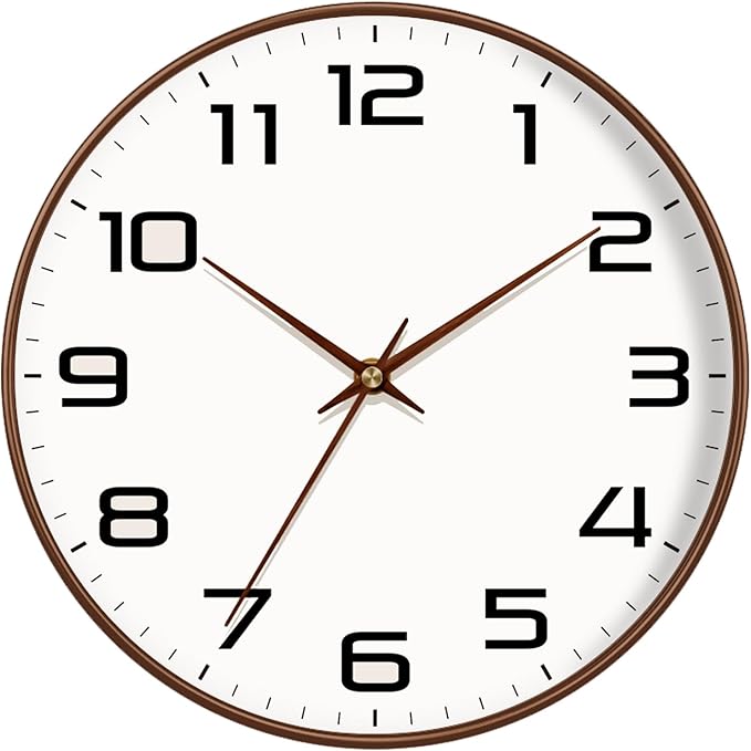 Woodgrain Wall Clock–Silent Non-Ticking Wall Clocks Battery Operated 8 Inch, Large Easy-to-Read Numbers Modern Modern Analog Clock for Bedroom Living Room Kitchen Office Gym (Brown)