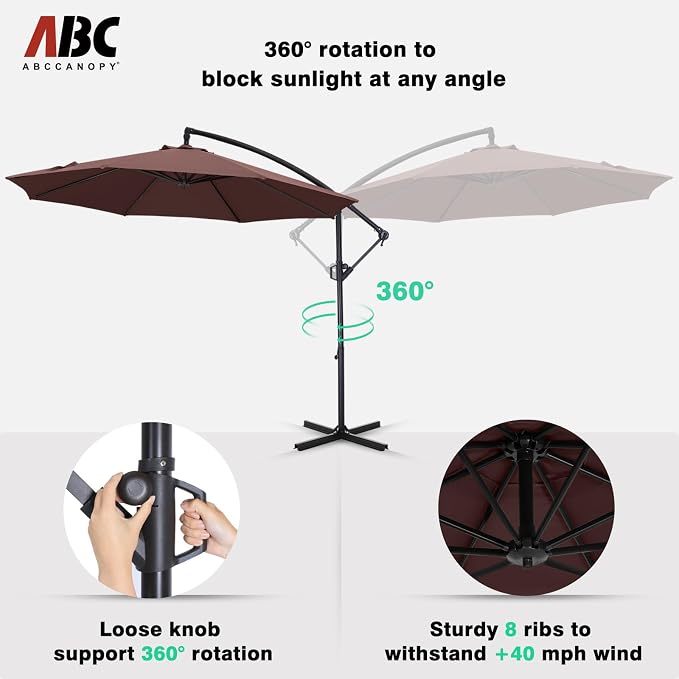 ABCCANOPY 9FT Cantilever Patio Umbrella with base included, 360° Rotation Outdoor Offset Umbrella for Backyard, Deck, Poolside (Chocolate)