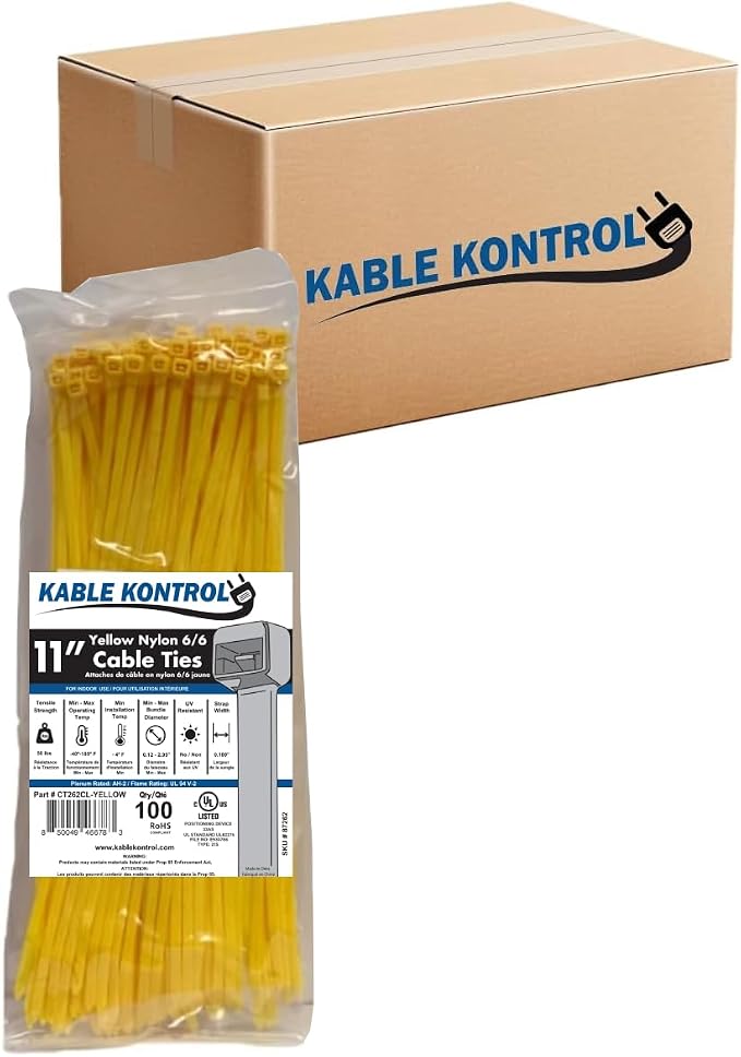 Kable Kontrol Yellow Zip Ties 11 Inch 8,500 Pcs, 50 Lbs Tensile Strength, Bulk Pack, Self-locking Nylon Colored Cable Ties Wire Wraps for Indoor or Outdoor Use