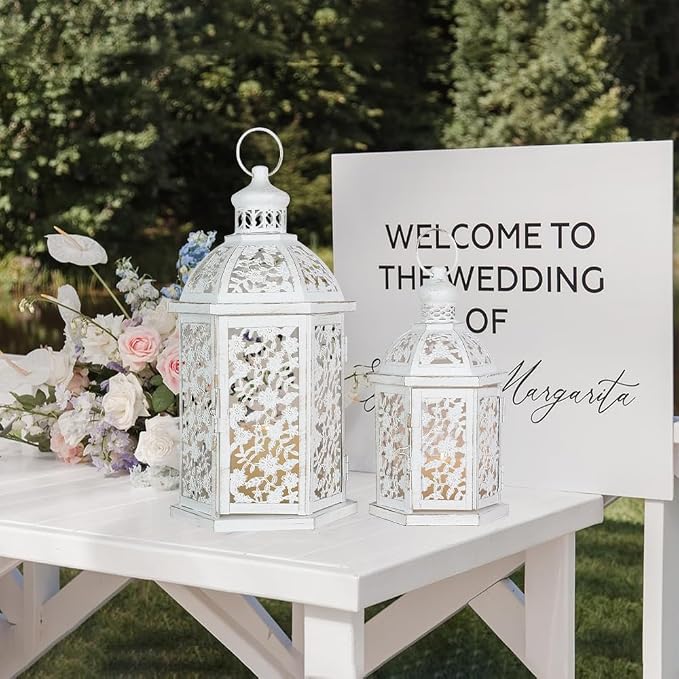 Lanterns Decorative Outdoor&Indoor, Set of 2 (15"&7") White Metal Lantern Decor, Candle Holder for Porch, Patio, Christmas, Balcony, Wedding, Table Centerpiece