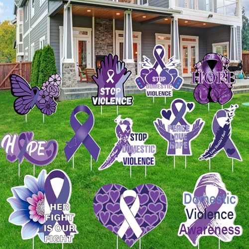 12 Pcs Domestic Violence Awareness Yard Signs Purple Ribbon, Stakes by Amyhill