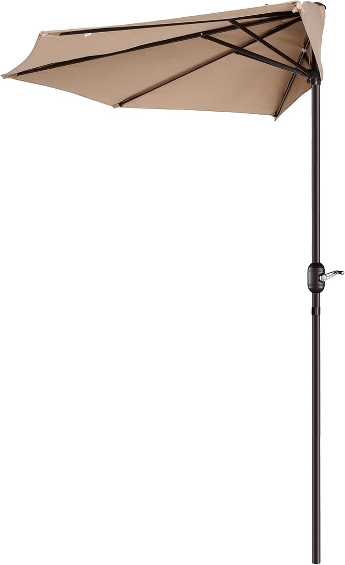 Half Umbrella Outdoor Patio Shade - 9 ft Patio Umbrella with Easy Crank - Small Canopy for Balcony, Table, or Deck by Pure Garden (Beige)