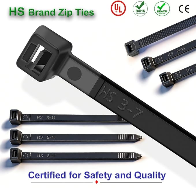 HS 12 Inch Black Zip Ties 1000 Bulk Pack,Nylon Cable Ties 50 LB Strong Wire Tie Wraps Black UV Outdoor Purpose