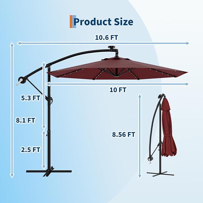 Garvee 10FT Solar Lights Offset Patio Umbrella with Cross Base, Cantilever Umbrella with Easy Lift & Tilt Adjustment, 8 Ribs Sun umbrella UV Protection for Backyard, Pool, Garden, Burgundy