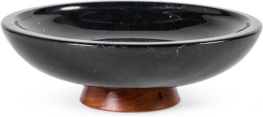 Decorative Marble Bowl Black - Handcrafted Natural Stone on Acacia Wood Pedestal - Versatile 10" Catch‑All Centrepiece for Home Decor - Entryway, Dining Table, Kitchen Fruit Bowl, Key Holder (Black)