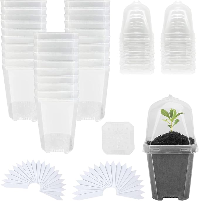 Hyuetrsa 30 Sets Plant Nursery Pots with Humidity Domes, 3" Plastic Gardening Pot with 30 Pcs Labels, Clear Seed Starting Pot Planter Containers with Drain Holes for Seedlings Vegetables Succulents