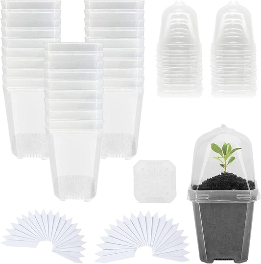 Hyuetrsa 30 Sets Plant Nursery Pots with Humidity Domes, 3" Plastic Gardening Pot with 30 Pcs Labels, Clear Seed Starting Pot Planter Containers with Drain Holes for Seedlings Vegetables Succulents