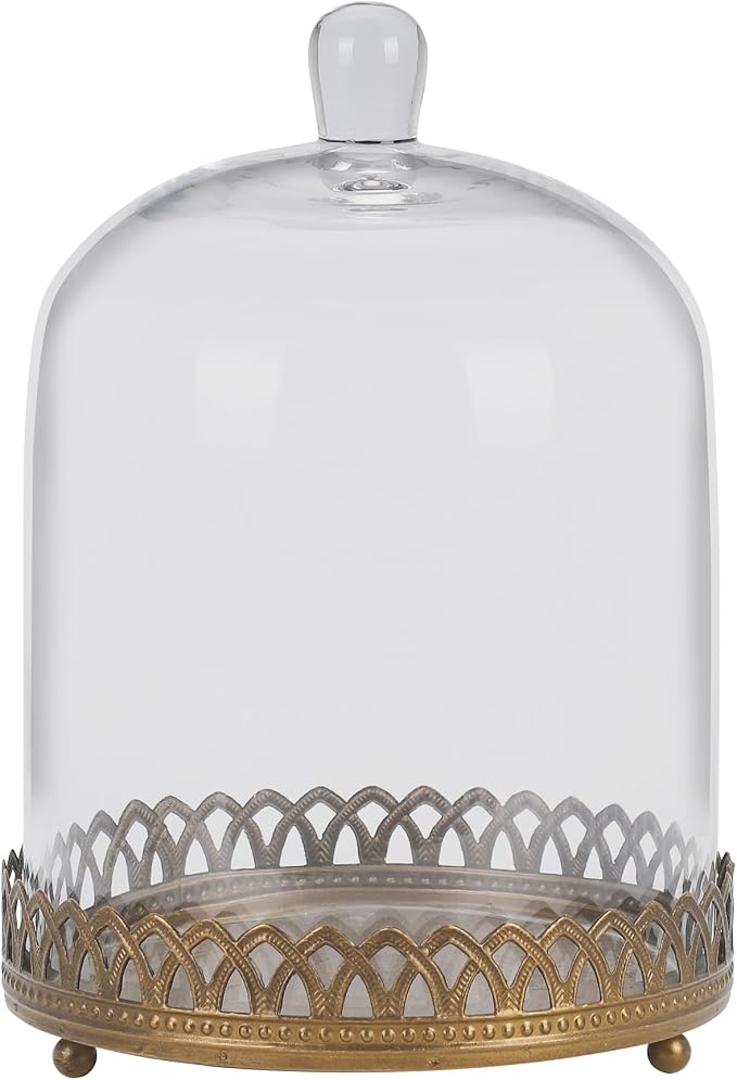 Twakutwku 12" Tall Large Sturdy Handmade Glass Cloche Dome with Metal Base in Gold for Plant, Terrarium, Collectibles, Candle. Cloche Glass Dome, Bell Jar Display Case (Gold, 12")